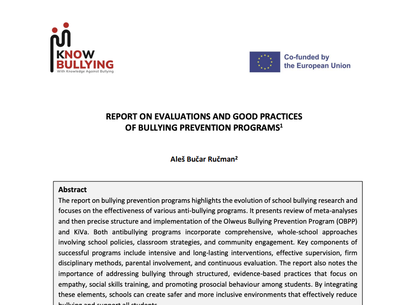 Poročilo o dobrih praksah – evalvacije programov za preprečevanje medvrstniškega nasilja (angl.)